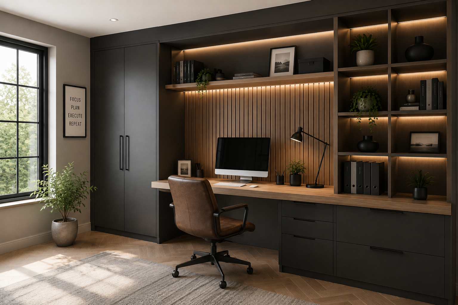 Bespoke fitted home office with built-in desk and storage in Cheshire