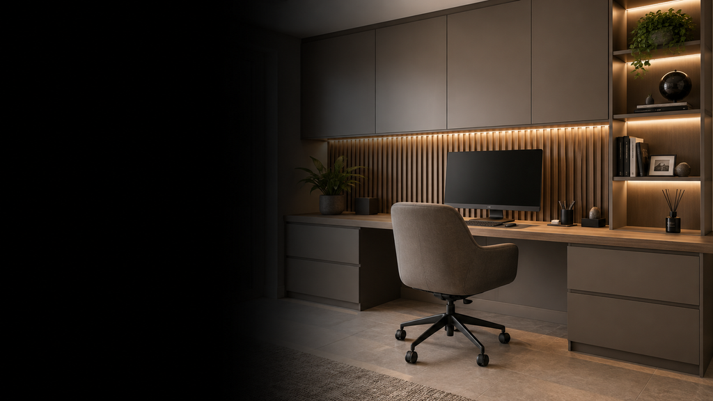 Bespoke home office with fitted desk, storage and LED lighting